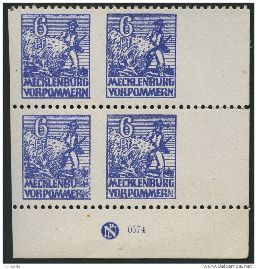 MECKLENBURG-VORPOMMERN 33xbUsDZ VB **, 1946, 6 Pf. Violettblau, Kreidepapier, Senkrecht Ungezähnt, Im Eckrandvierer - Autres & Non Classés