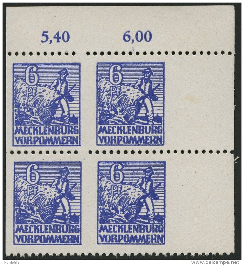 MECKLENBURG-VORPOMMERN 33xbUs VB **, 1946, 6 Pf. Violettblau, Kreidepapier, Senkrecht Ungezähnt, Im Eckrandviererbl - Autres & Non Classés