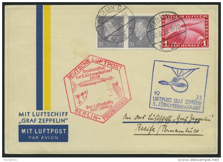 ZEPPELINPOST 219B BRIEF, 1933, 3. Südamerikafahrt, Anschlussflug Berlin, Frankiert Mit 1 RM, Prachtkarte - Zeppelin