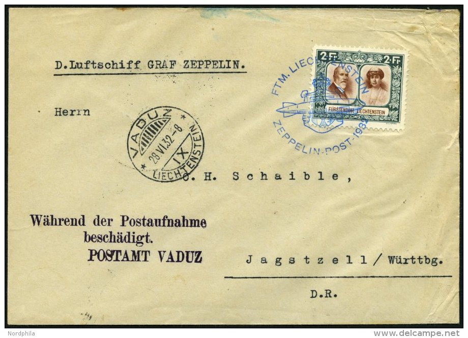 ZEPPELINPOST 167II BRIEF, 1932, Schweizfahrt, Auflieferung Vaduz, Mit Violettem Nebenstempel Während Der Postaufnah - Zeppelin