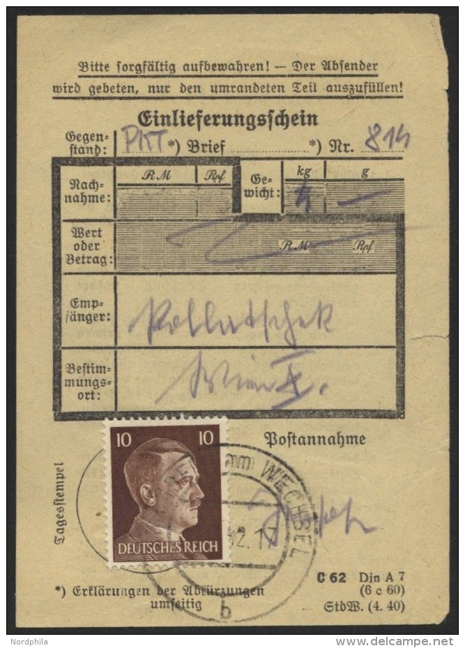 Dt. Reich 787 BRIEF, 1942, 10 Pf. Hitler, Einzelfrankatur Auf Einlieferungsschein, Pracht, R! - Oblitérés