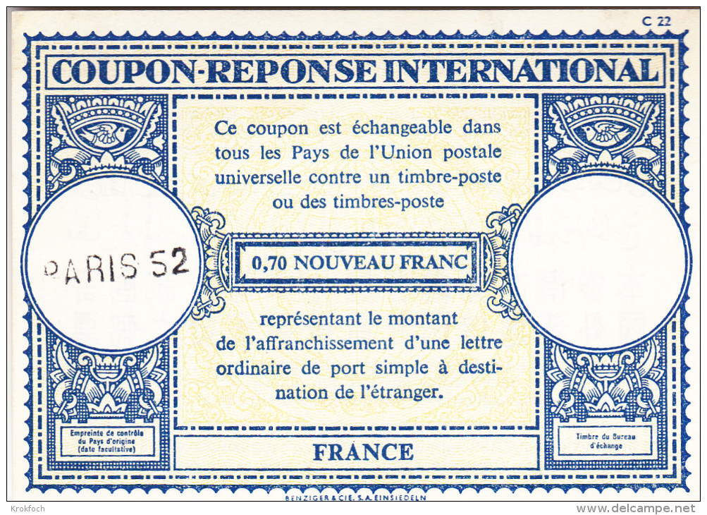 Coupon Réponse France Type LO 17 - 0,70 Nouveau Franc - IRC CRI IAS - Griffe Paris 52 - Reply Coupons