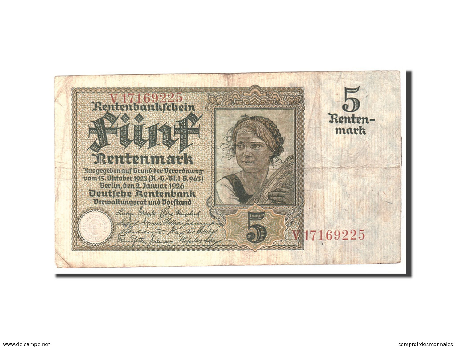 Billet, Allemagne, 5 Rentenmark, 1926, 1926-01-02, KM:169, TTB - 5 Rentenmark