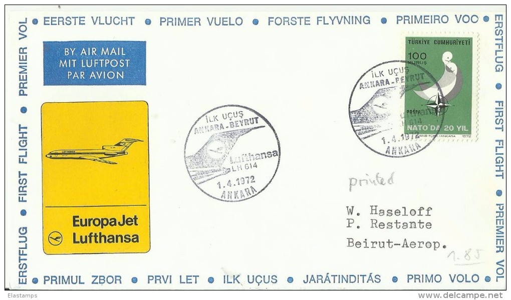 '    ERST FLUG ANKARA - BEJRUT 1972 - Poste Aérienne