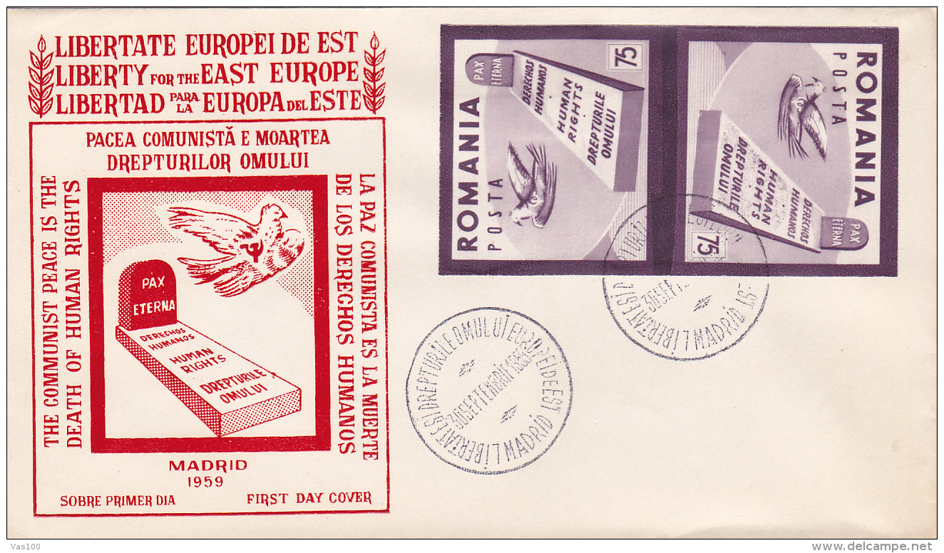 #BV2350    SPAIN, EXIL, HUMAN RIGHTS, COMUNIST PEACE,   1959, 2X  FDC,  STAMPS IN PAIR, NON-DANTELES ROMANIA. - FDC