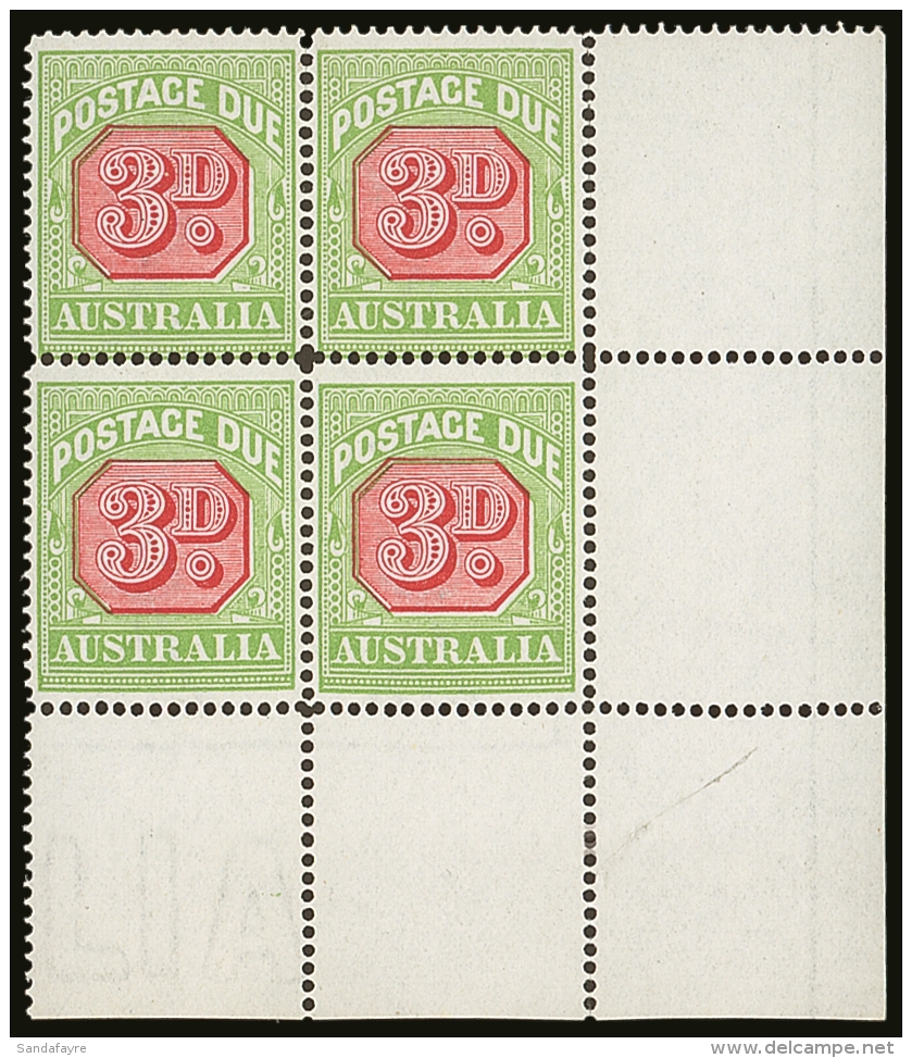 POSTAGE DUES 1912 - 1923 3d Rosine And Apple Green, Perf 14, SG D82, Superb NHM Corner Block Of 4. For More... - Andere & Zonder Classificatie