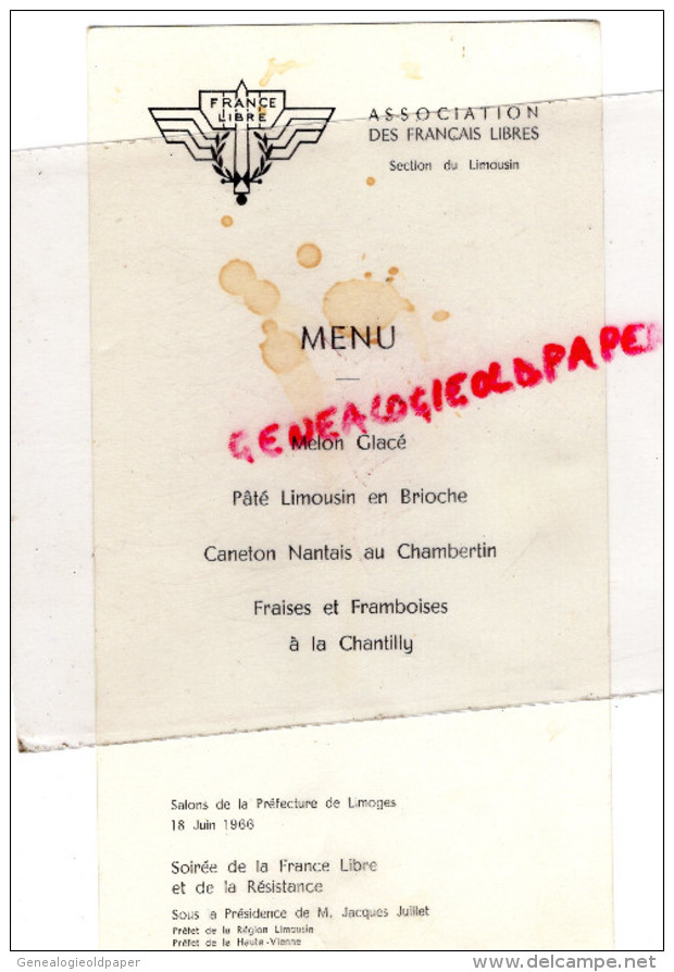 87 - LIMOGES- GUERRE 1939-1945- MENU FRANCE LIBRE RESISTANCE- JACQUES JUILLET PREFET- 1966-PREFECTURE - Menükarten