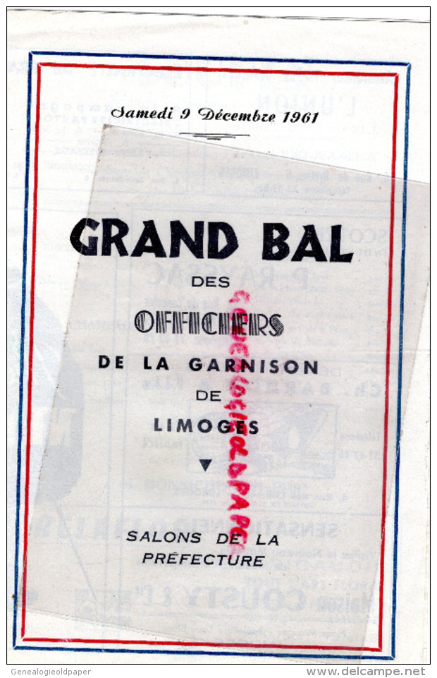 87 - LIMOGES - MENU GRAND BAL OFFICIERS GARNISON -SALONS PREFECTURE-1961-TRAITEUR BONNICHON-GUERRE MILITAIRE - Menú