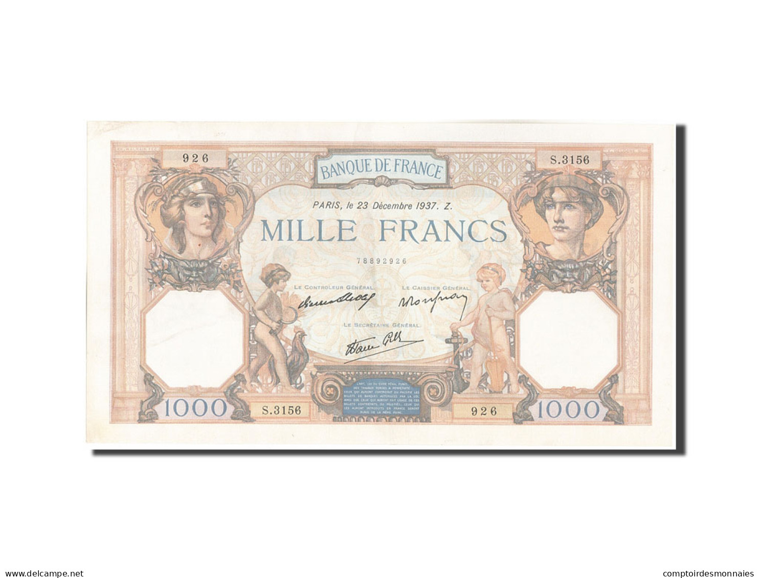 Billet, France, 1000 Francs, 1 000 F 1927-1940 ''Cérès Et Mercure'', 1937 - 1 000 F 1927-1940 ''Cérès Et Mercure''