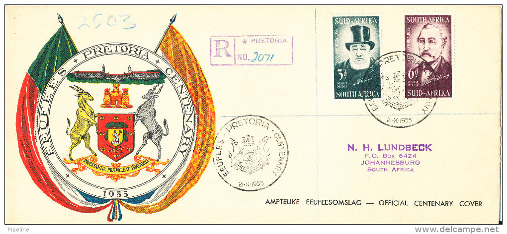 South Africa Registered FDC 21-10-1955 Complete Set PRETORIA Centenary With Very Nice Cachet And Address - FDC