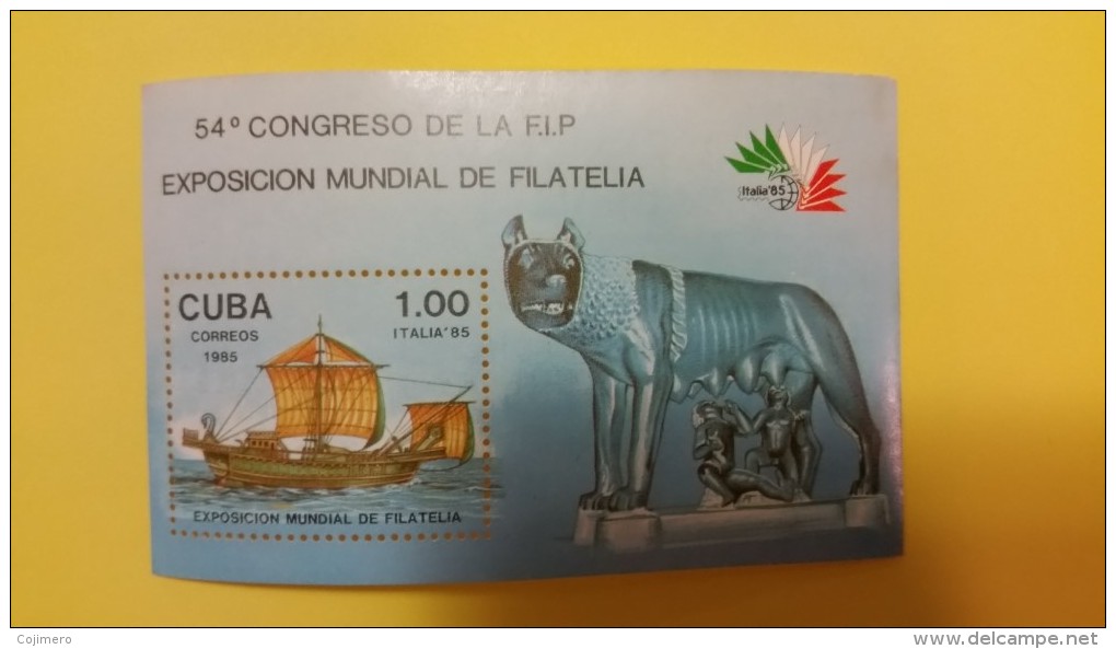 HOJA FILATELICA 54 CONGRESO F.I.P. 1985 - CUBA -  SAILING SHIP & ITALIAN SCULPTURE - Lots & Serien