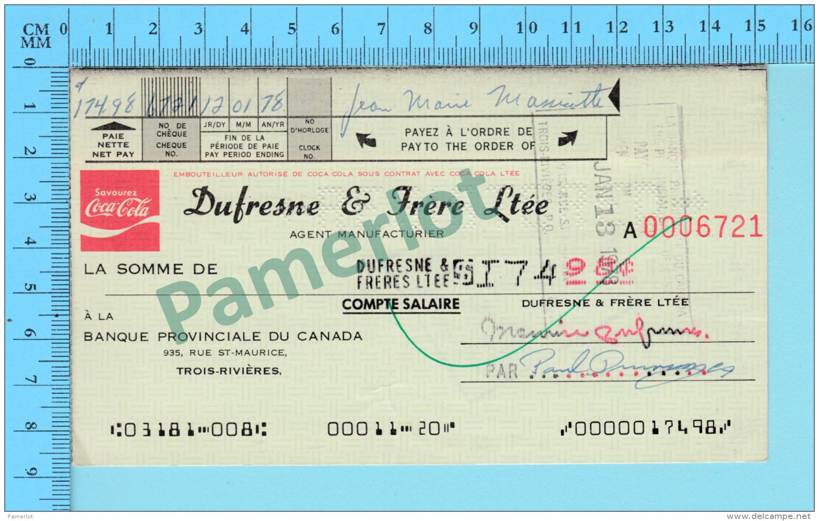 Trois-Rivieres Quebec Canada - Coca-Cola - Dufresne & Frères Manufacturier, Cheque De Paie  $174.98 En 1978 2 Scans - Assegni & Assegni Di Viaggio