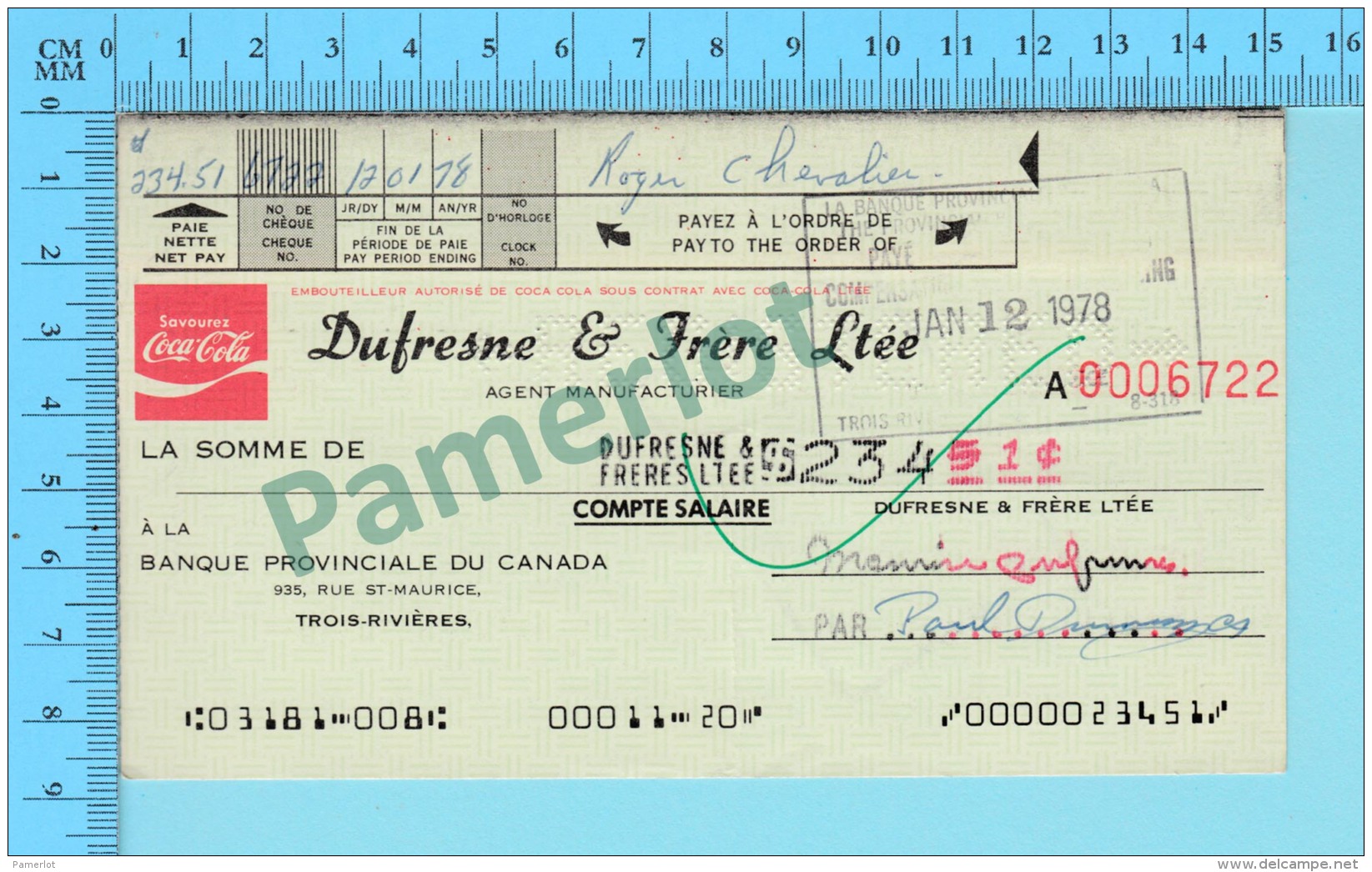 Trois-Rivieres Quebec Canada - Coca-Cola -Cheque De Paie Dufresne & Frères Manufacturier,  $234.51 En 1978 2 Scans - Schecks  Und Reiseschecks