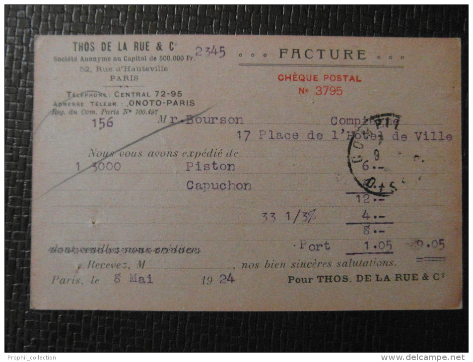 REPIQUAGE THOS DE LA RUE (Paris Rue Hauteville) Sur CP Facture De 1924 Au Type Semeuse 10c Rouge + Complement 10c Vert - Postales  Transplantadas (antes 1995)