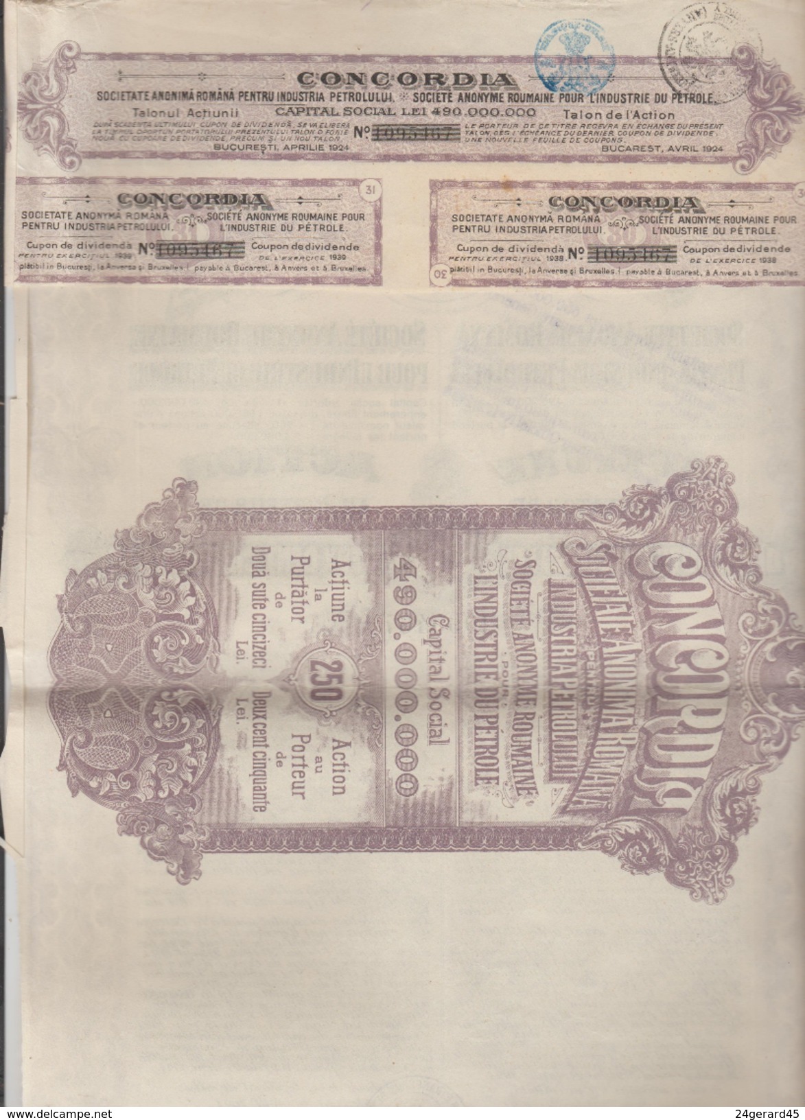 ACTION TITRE DE 250 LEI  N°1095 467 - CONCORDIA S.A Roumaine Pour L'Industrie Du Pétrole - A - C