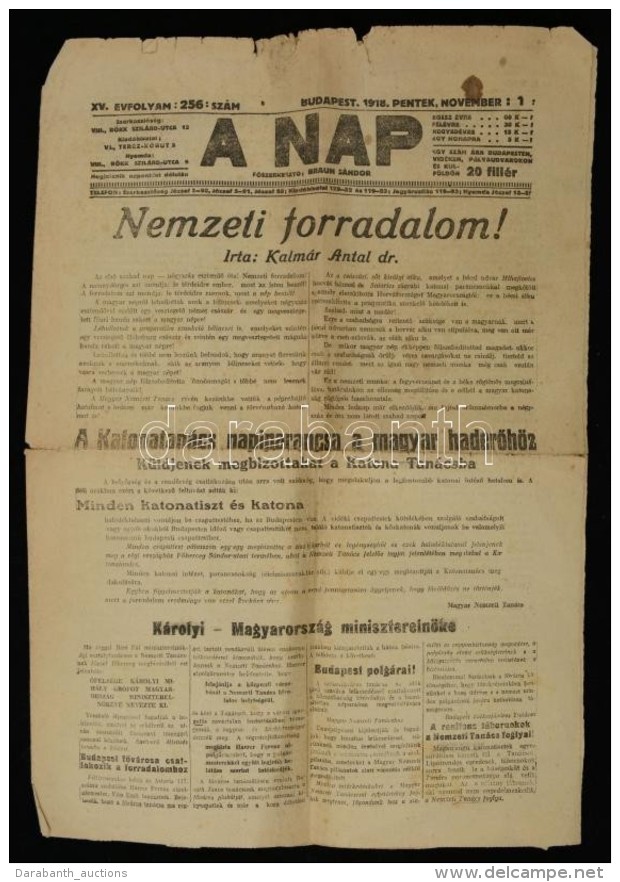 1919 A Nap C. újság November 1-i Száma Az Å‘szirózsás Forradalom... - Sin Clasificación