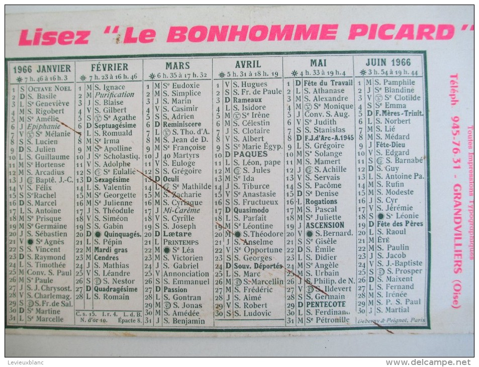 Calendrier Moyen De Bureau/"Le Bonhomme Picard"/Imprimerie/ SINET / Grandvilliers/Oise//1966    CAL347 - Autres & Non Classés