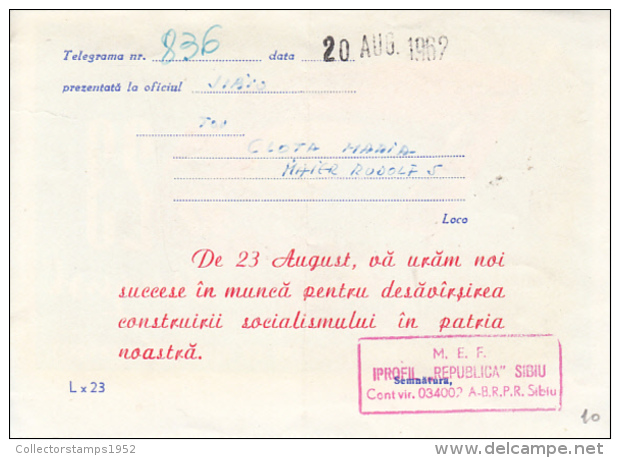 48730- AUGUST 23RD, NATIONAL DAY, TELEGRAMME, 1962, ROMANIA - Telegraph