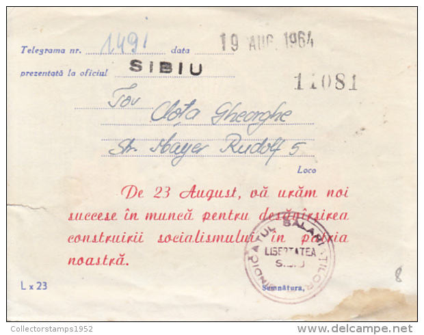 48732- AUGUST 23RD, NATIONAL DAY, TELEGRAMME, 1964, ROMANIA - Telegraphenmarken