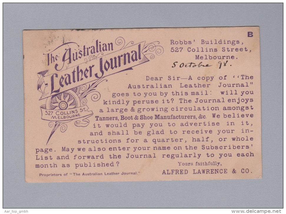 Australien Victoria 1898-10-05 Melbourne Postkarte "Leather Journal" Nach Lausanne - Lettres & Documents