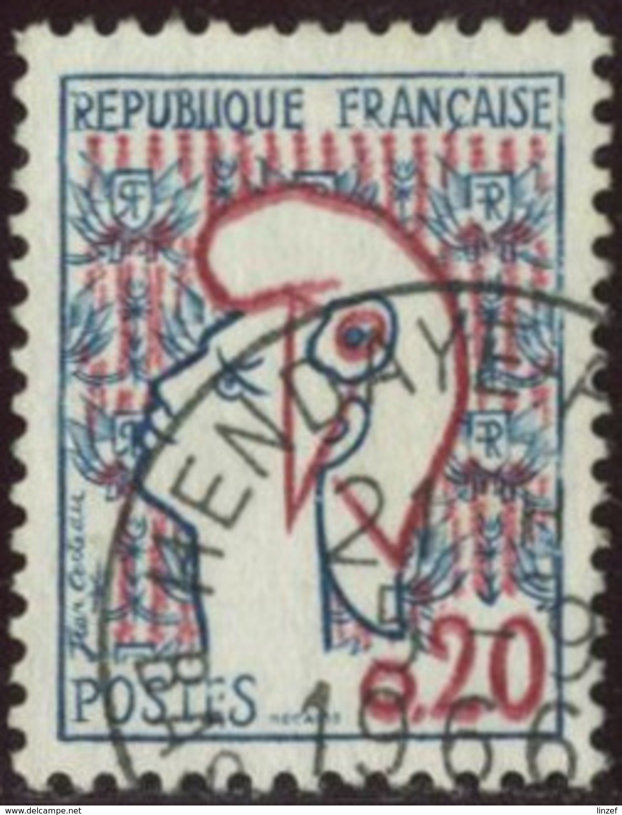 France Yv. N°1282a - 20c Bleu Et Rouge Marianne De Cocteau - Oblitéré - 1961 Marianne De Cocteau