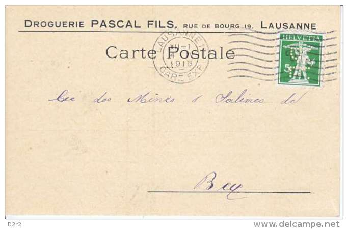 PERFORE SUR CARTE - MAISON " DROGUERIE DU LION-D´OR,PASCAL FILS - LAUSANNE - 1916-(7) - Perforés