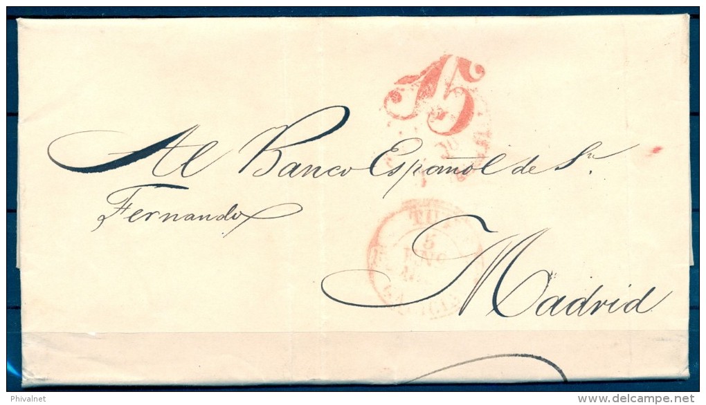 1850 , PONTEVEDRA , CARTA CIRCULADA ENTRE TUY Y MADRID , PORTEO " 15 "  , BAEZA EN ROJO , LLEGADA - ...-1850 Prefilatelia