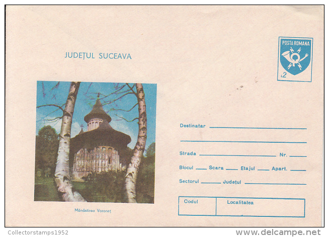 48996- VORONET MONASTERY, ARCHITECTURE, COVER STATIONERY, 1990, ROMANIA - Abbeys & Monasteries