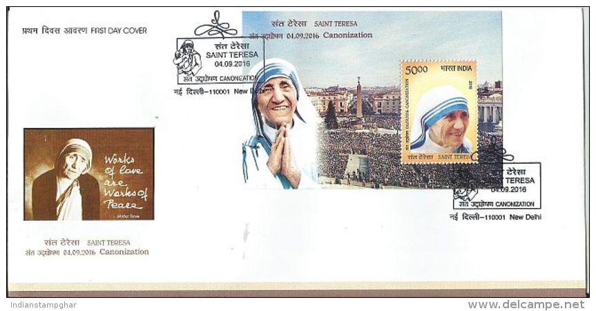 Saint Mother Teresa India  First Day Cover  With Mother Teresa Miniature Sheet, Inde, India - Mother Teresa