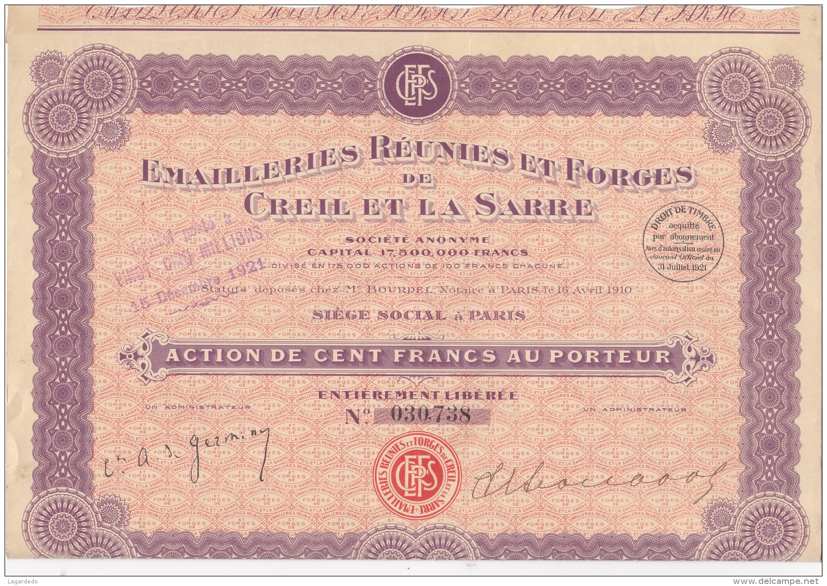 ACTION DE 100 FRANCS EMAILLERIES REUNIES ET FORGES DE CREIL ET LA SARRE - D - F