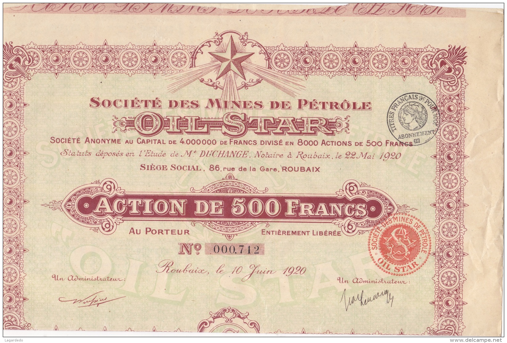 ACTION DE 500 FRANCS SOCIETE DES MINES DE PETROLE OIL STAR - M - O