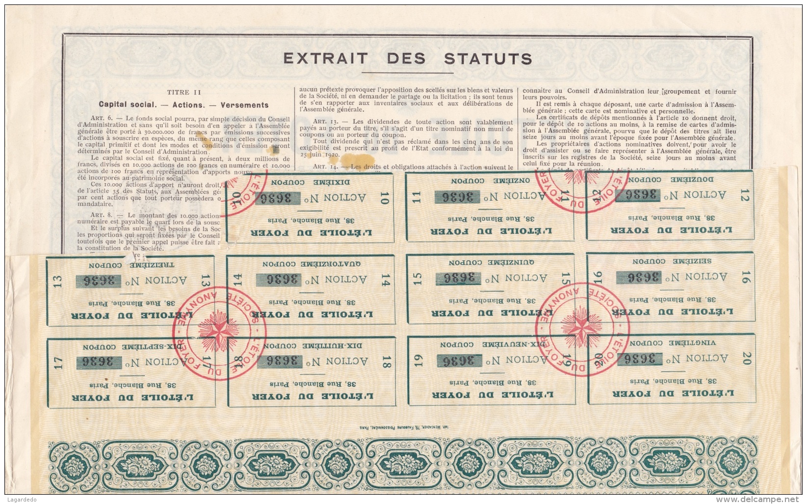 ACTION DE 100 FRANCS L ETOILE DU FOYER - D - F