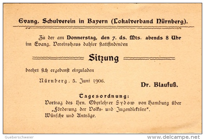 LUTH-L7 - ALLEMAGNE Entier Postal Repiqué Invitation Réunion à La Maison Evangélique De Nurenberg 1906 - Postkarten