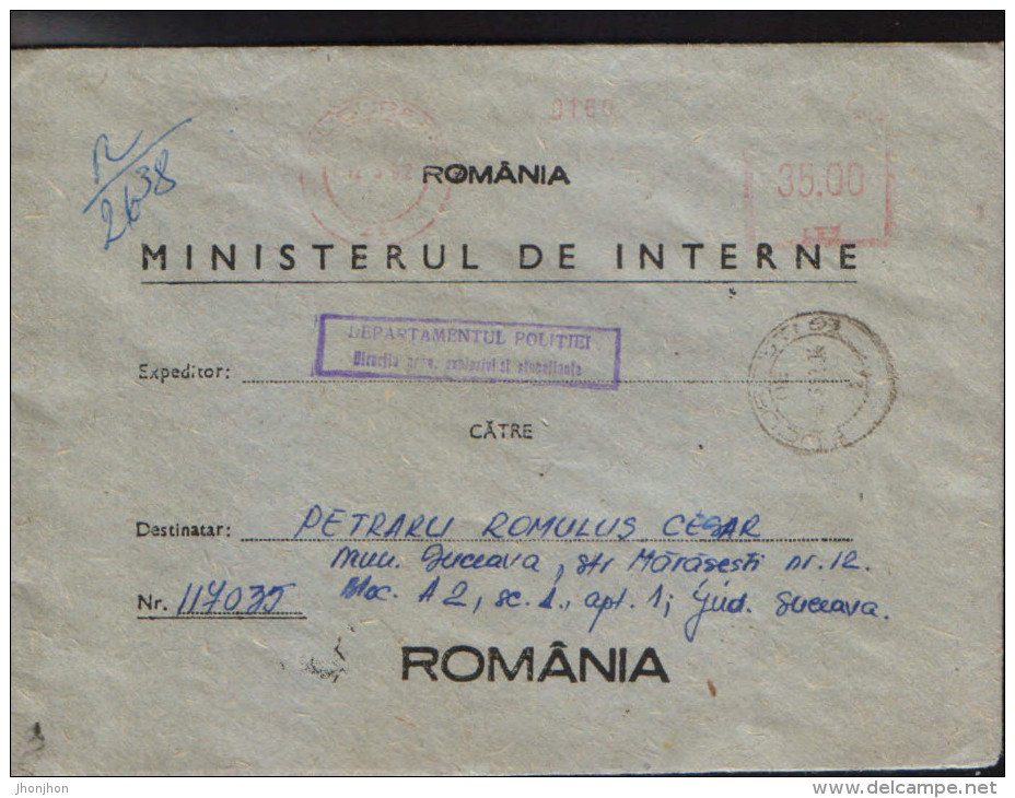 Romania- Official Letter 1992 From The Interior Ministry, Police Department, Direction Weapons, Explosives And Narcotics - Maschinenstempel (EMA)