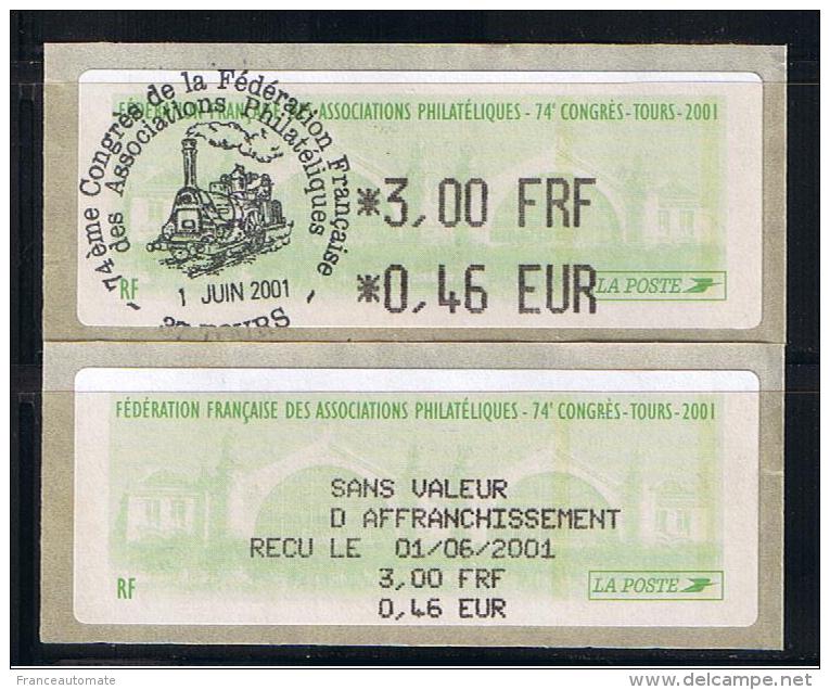 ATM, 3.00 FRF-0.46 EUR, Oblitérée FDC, 74éme CONGRES DE LA FFAP, TOURS, 1er JUIN 2001. - 1999-2009 Illustrated Franking Labels