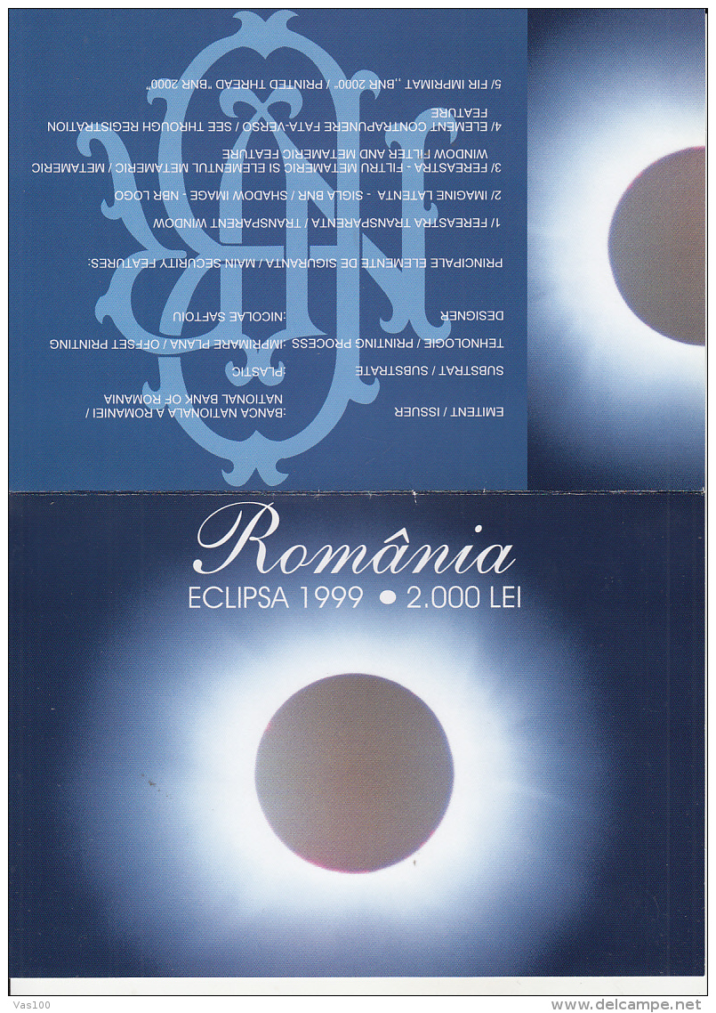 TOTAL SOLAR ECLIPSE, BANKNOTE AND BOOKLET, 1999, ROMANIA - Romania