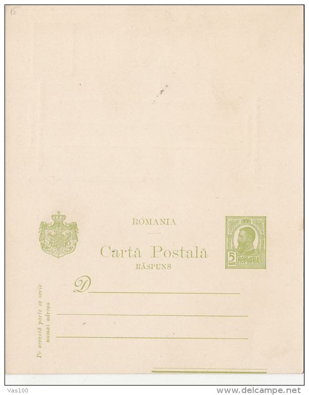 KING CHARLES 1ST, POSTCARD STATIONERY WITH ANSWER CARD, ENTIER POSTAL, UNUSED, ROMANIA - Storia Postale