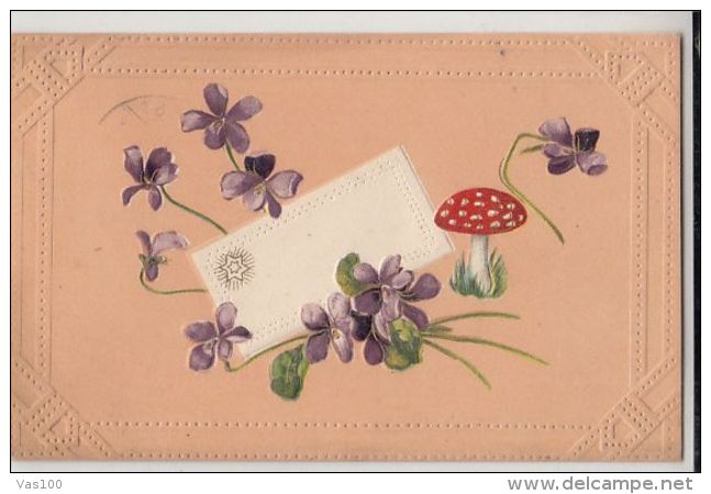 CPA MUSHROOMS, VIOLETS FLOWERS, EMBOISED - Paddestoelen