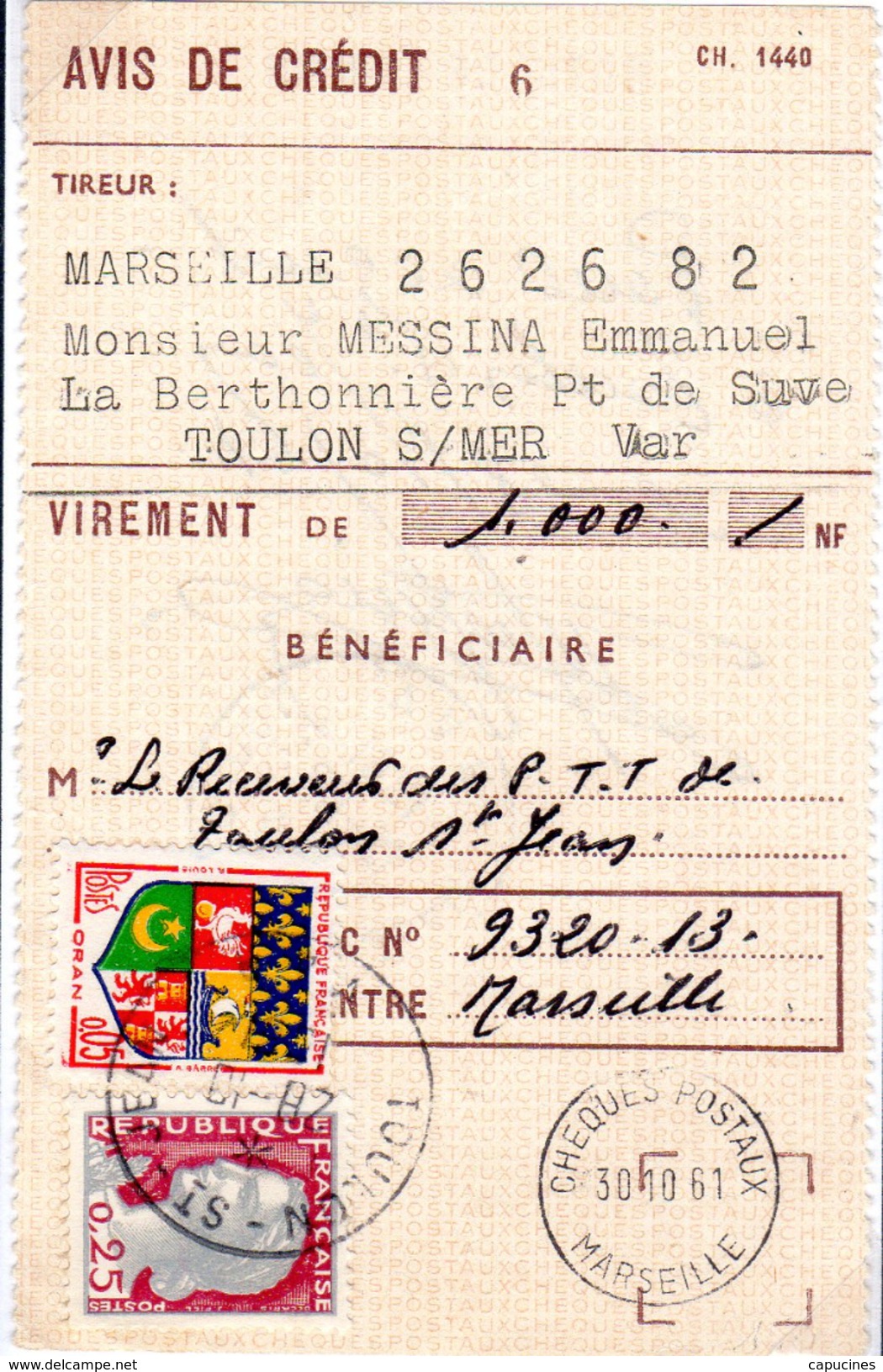 M. De Decaris  - 0,25 F - "OPERATIONS SUR CCP: Avis De Crédit" - 1960 Marianne De Decaris