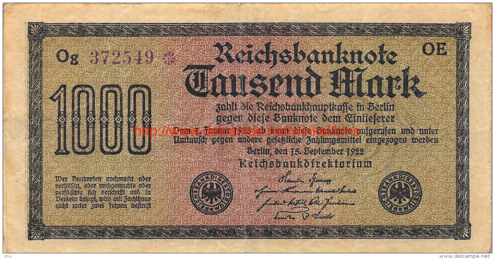 Tausend Mark 1000 Reichsbanknote 1922 - 10000 Mark