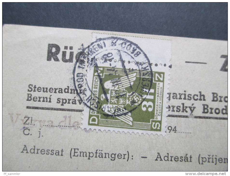 DR / Böhmen Und Mähren 1944 Dienst Nr. 10 EF Frankierter Rückschein! Korytna / Niwnitz. Randstück Rechts! - Covers & Documents