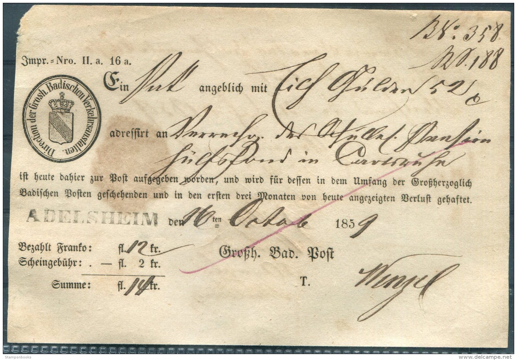 1859 Baden Post Office Receipt Adelsheim - Cartas & Documentos