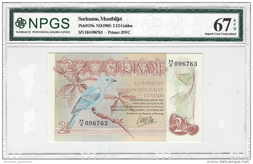 SURINAME 2.5 GULDEN 1985 P-119a NPGS S GEM UNC 67 EPQ S/N H/4 096763 [ SR119aNPGS ] - Suriname