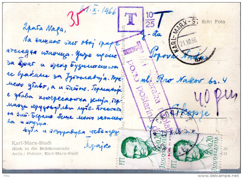 Karl-Marx-Stadt,sent To Macedonia,cancel:Karl_marx_Stadt,21.10.1966to Skopje,25.10.1966,with Penalty Payment,as Scan - Chemnitz (Karl-Marx-Stadt 1953-1990)