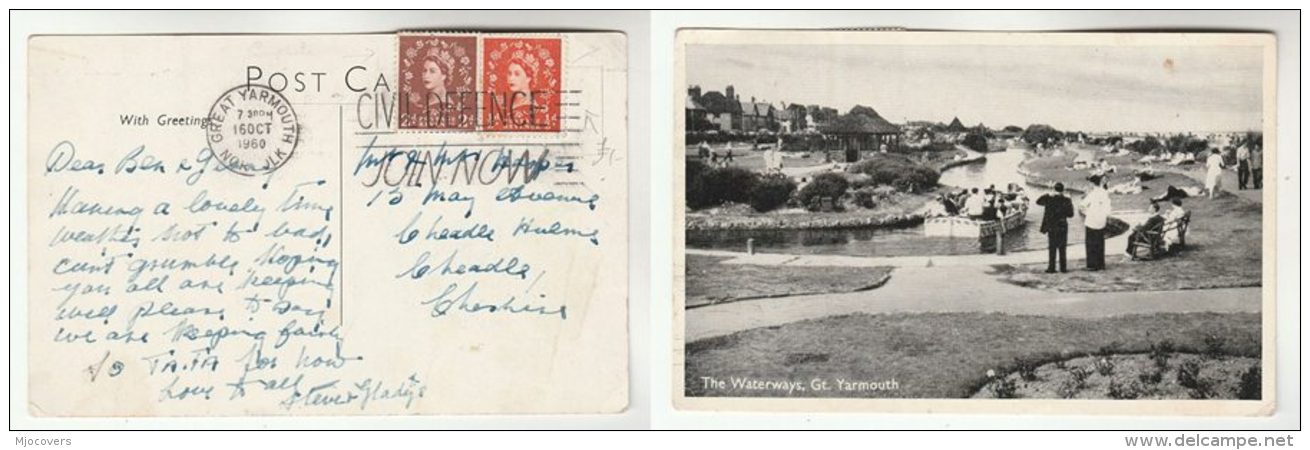 1960 Great Yarmouth GB Stamps COVER (postcard People, The Waterways) SLOGAN Pmk CIVIL DEFENCE JOIN NOW - Great Yarmouth