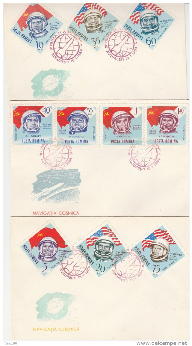 #BV3601  ASTRONAUT,SPACE, COSMOS, RUSSIAN, AMERICAN, COVERS FDC  X3, 1964, ROMANIA. - FDC