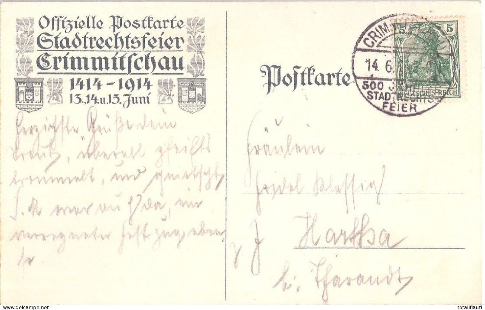 CRIMMITSCHAU 500 Jahre Stadtrecht Sonderstempel 14.6.1914 Auf Color Offizielle Postkarte Stadtrechtsfeier 1414 Bis 1914 - Neubrandenburg