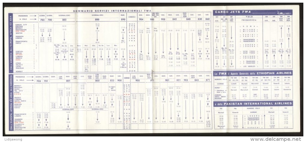 TWA AIRWAYS TIMETABLE ADVERT BROCHURE 1964 Ital. Edition ROMA MILANO AIRPLANE - Europa