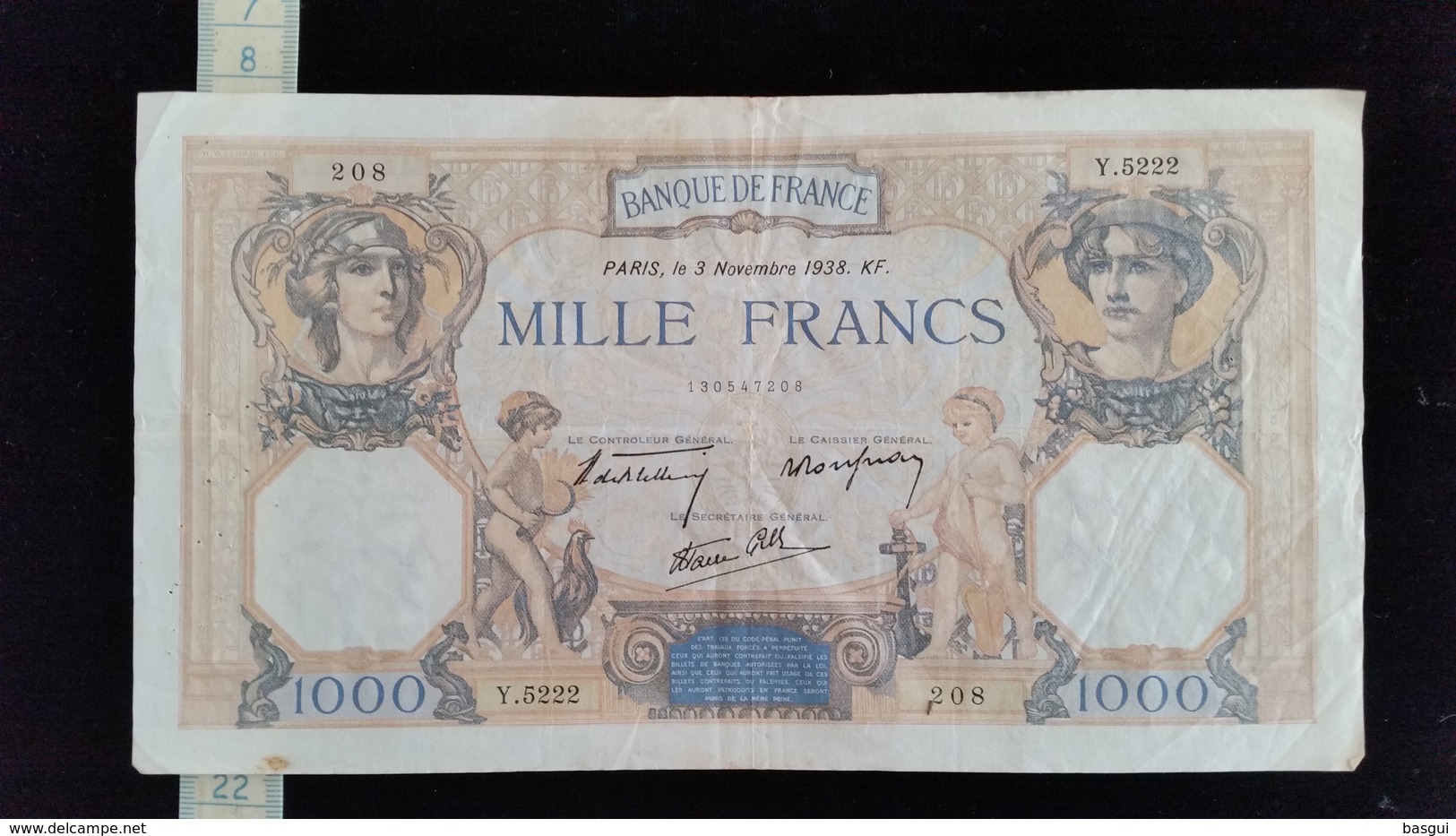 Billet 1000 Francs "Ceres Mercure"  -1938 Y.52.22 - 1 000 F 1927-1940 ''Cérès Et Mercure''