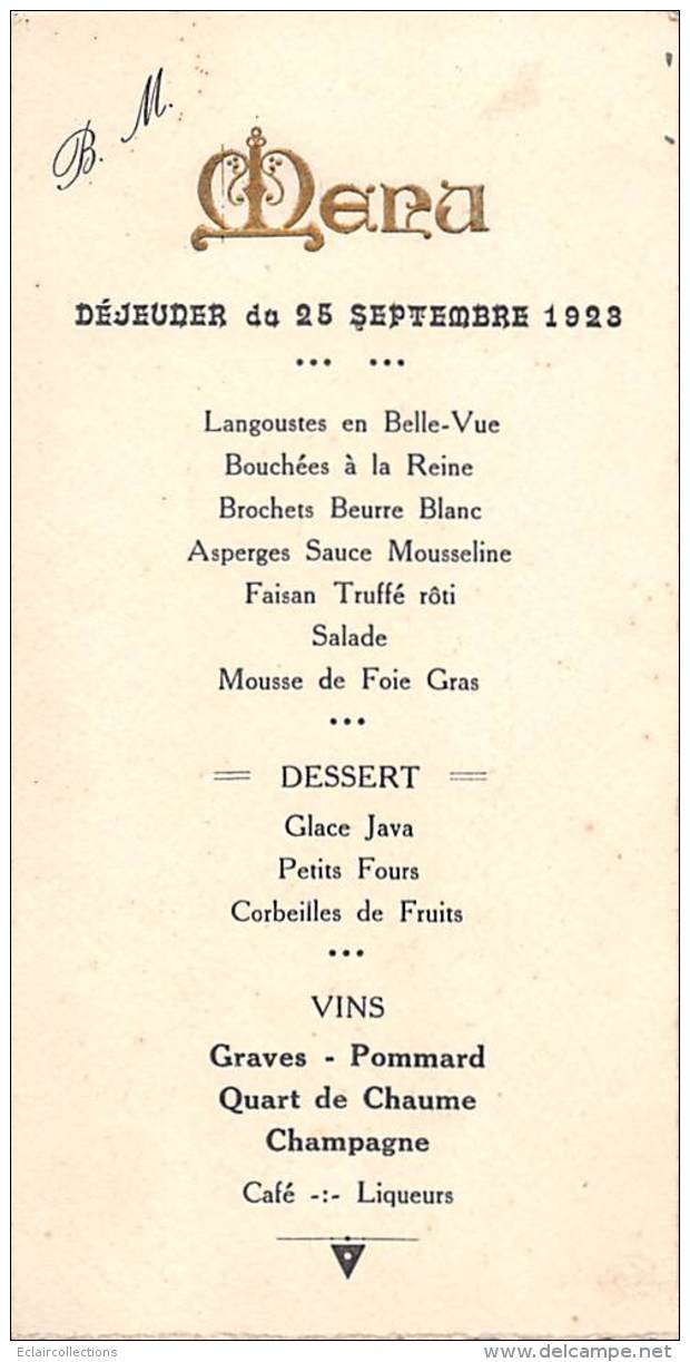 Vieux Papier.  Menu.  Dejeuner Du 25 Septembre 1923 - Menus